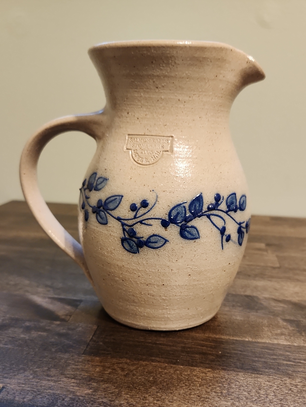 Salmon Falls Stoneware Salt Glazed Large Pitcher Blue Vine Pattern - Dover, NH